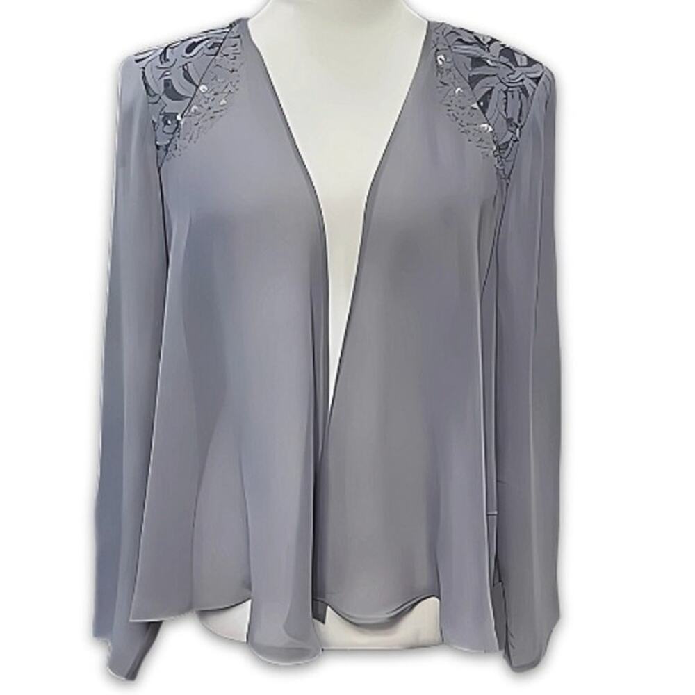 SLNY Blue Gray Sequin Shoulder Open Front Waist Jacket Sheer Formal Night Out 10